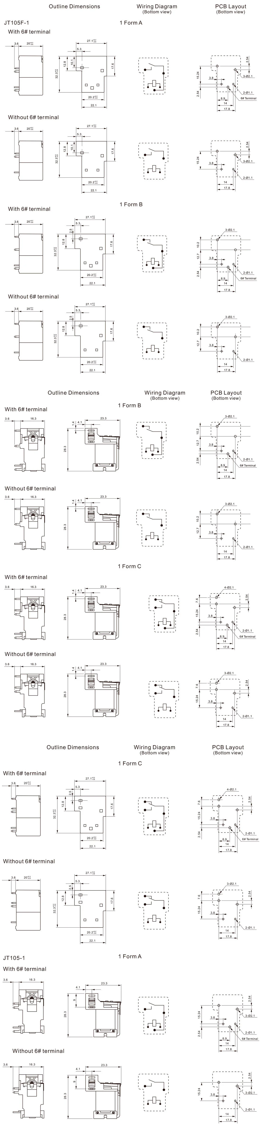 Dimensions of Miniature High Power Relay JT105F-1