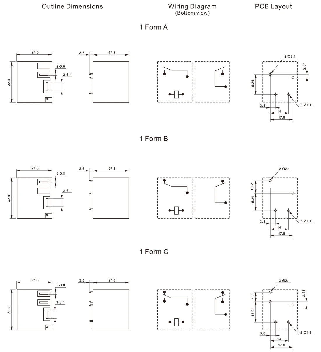Dimensions of Miniature High Power Relay JT105F-2